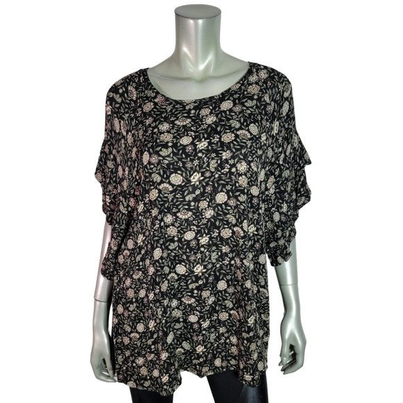 Maurices Top Plus Size 1X Flutter Sleeve Crew Neck Floral Stretch Casual Black - Picture 1 of 6